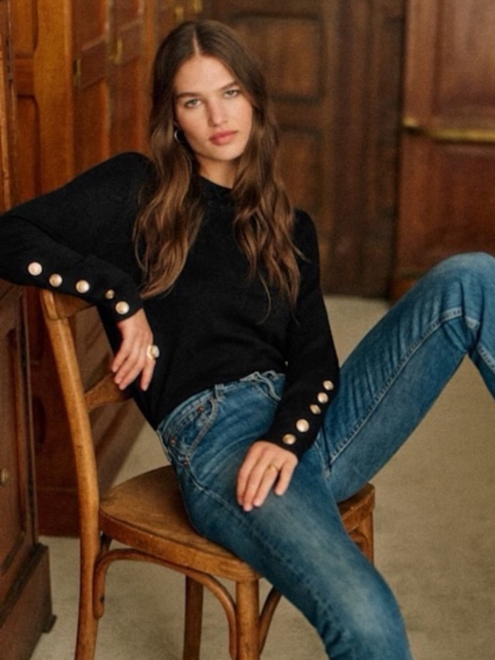 Sézane Paulo Merino Wool Sweater with Button Details on Sleeves